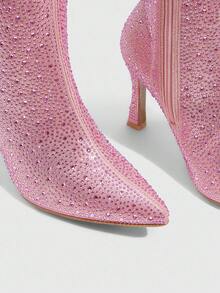 CUCCOO SZL 女式尖头水钻装饰褶饰高筒靴，性感高跟派对及膝靴 - 粉色 - 查看 5
