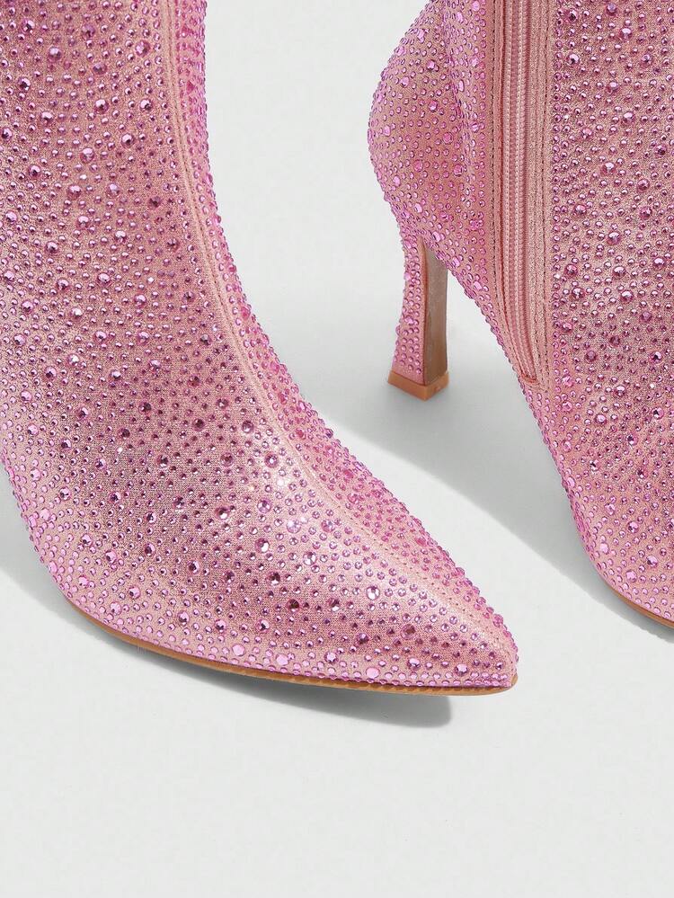 CUCCOO SZL Women's Pointed Toe Rhinestone Embellished Ruched Tall Boots, Sexy High Heel Party Knee-High Boots For Christmas Spring Shoes