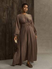 EMERY ROSE Plus Size Women Solid Color Round Neck Criss-Cross Waist Tie + Bowknot Back Elegant Vintage Daily Dress, Autumn/Winter - Khaki - View 3