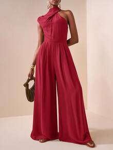 Zivah 2025新款休闲度假日常约会通勤优雅沙滩邮轮派对简约网红爆款高领毛领无袖一字肩宽松连体裤阔腿裤超长裤带口袋军绿色女连体裤 - 紅色 - 查看 5