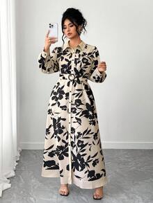 Elenzga Plus Size Women Long Sleeve Shirt Collar Dress - Multicolor - View 1