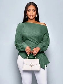 SOLERSUN Damen Bluse mit asymmetrischem Kragen, Langarm, seitlichem Tunnelzug und Raffung in Unifarbe