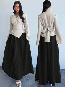 Firerie Bộ váy dài tay loe buộc eo bằng vải kaki và chân váy dài co giãn, bộ váy chữ A bó eo màu tương phản, trang phục lãng mạn thanh lịch, phù hợp để đi làm, thanh lịch, phong cách Boho, lãng mạn, hẹn hò, mùa cưới, trang phục công sở - màu đen - Xem 1