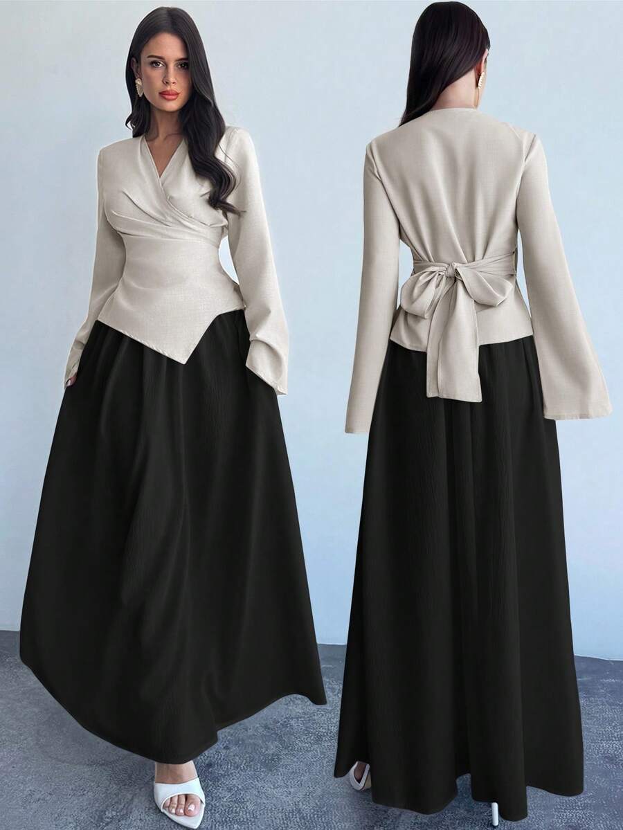 Firerie Bộ váy dài tay loe buộc eo bằng vải kaki và chân váy dài co giãn, bộ váy chữ A bó eo màu tương phản, trang phục lãng mạn thanh lịch, phù hợp để đi làm, thanh lịch, phong cách Boho, lãng mạn, hẹn hò, mùa cưới, trang phục công sở - màu đen - Xem 1