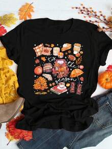 SHEIN Unity 女士休闲感恩节图案 T 恤 - 秋收印花，带有南瓜、树叶和“本季”文字，圆领可机洗上衣，适合秋季假期和休闲装、节日服饰、季节性时尚 T 恤 - 黑色 - 查看 3