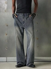 NEON BLANC 男士闪亮竖条纹水钻装饰喇叭裤，适合派对和音乐节 - 中等水洗藍 - 查看 3