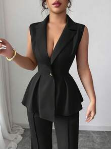 Elenzga 无袖西装外套领口收腰优雅浪漫女士套装 - 黑色 - 查看 6