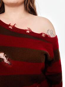 ROMWE Avant Suéter de cuello redondo de talla grande con detalles desgarrados y rayas de colores en estilo gótico para Halloween