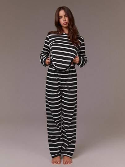 Athîral Black & White Striped Long Sleeve & Pants Casual Pajama Set For Women