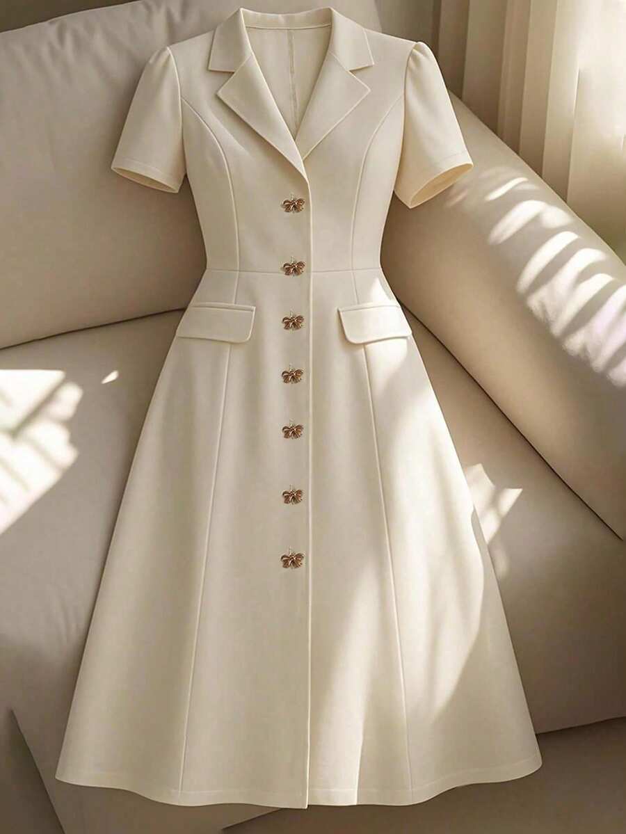 GlowEve CURVE Plus Size Women's Elegant Commuter Collared Gold Butterfly Button Short Sleeve Solid Color Dress - Apricot - View 1
