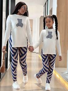 女童熊印花长袖T恤和裤子两件套 - 彩色 - 查看 6