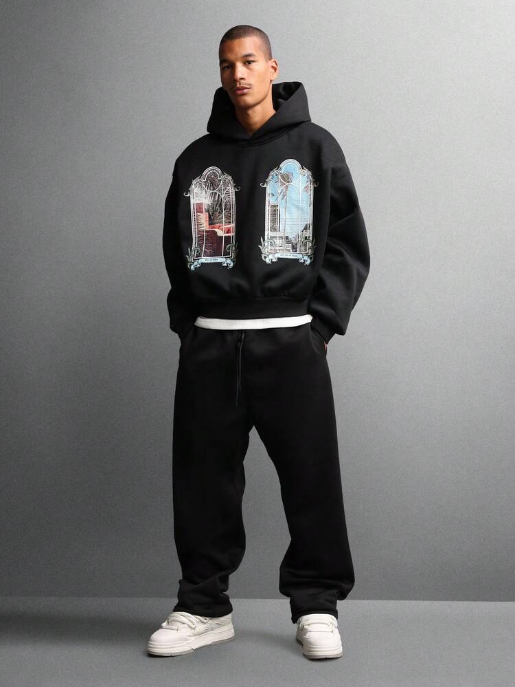 Window Frame Gothic Print Pullover Hoodie With Artistic Design