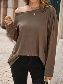 EMERY ROSE Damen grünes T-Shirt mit Fledermausärmeln, weites, strukturiertes Strick-Design mit Off-Shoulder, Herbst - Khaki - Übersicht 6