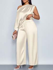 SOLERSUN Women's Fashionable Solid Color Elegant Ruched Asymmetrical Neck Stylish And Sophisticated Batwing Sleeve Asymmetrical Hem Satin Blouse & Straight-Leg Elegant Long Pants Sets