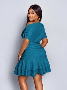 SOLERSUN Đầm ngắn tay dài cổ tròn xếp ly đôi màu mơ thanh lịch dành cho nữ dự tiệc ban ngày - Màu xanh ngọc - Xem 2