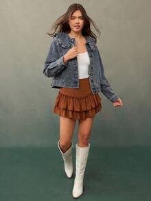 WESTFADE Áo khoác jean denim cao cấp 93% cotton thêu hoa cổ bèo nhún, thường ngày, dễ thương, mùa thu, mùa đông, phong cách Boho, trang phục phương Tây dành cho nữ, hòa nhạc đồng quê - Rửa trung bình - Xem 3