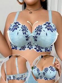 SHEIN 1 件大码女士蕾丝钢圈文胸，无肩带聚拢文胸，提升 - 淺藍色 - 查看 5