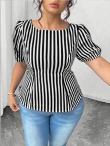 Elenzga Plus Size Casual Shirt With Unique Back Tie Design - Black and White - View 4