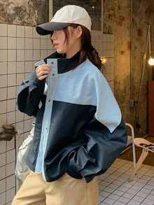 DAZY 女款立領拼色寬鬆短版休閒街頭夾克 秋冬外套 校園風 - 藏蓝色 - 查看 2