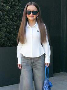 青少年女孩白色修身弧形下摆图案衬衫、条纹衬衫、学院风衬衫、白衬衫、百搭百搭衬衫、青少年衬衫，适合年轻女孩 - 白色 - 查看 3