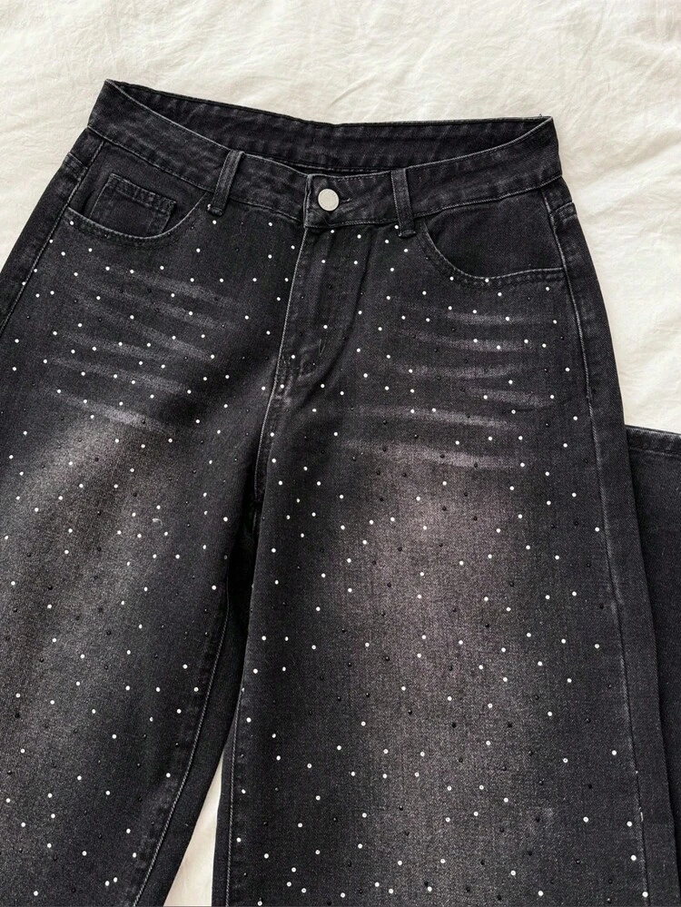 Attitoon Retro Sexy Slim Fit Washed Rhinestone Embellished Wide Leg Jeans Jeans Glittersparkle Jeansrhinestone Jeans, Fall Women Clothes - Black - View 6