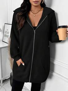 SHEIN LUNE Plus Size Women Hooded Zip-Up Long Sleeve Casual Long Hoodie Plus Size Hoodies For Women Plus Size Black Zip Up Hoodie Black Zip Up Jacket Women Plus Size Zip Up Jacket Black Zip Up Hoodie Plus Size Hoodies Women 8xl Women Clothes Plus Size Jacket Black Clothes For Women In Fall/Winter - Black - View 4