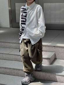 Mirajuku Tween BoyCasual Minimalist Letter Print Design White Long Sleeve Shirt, Suitable For Casual And Work Wear - White - View 5