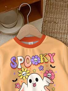 SHEIN Conjunto de sudadera y leggings con estampados de Halloween de 2 piezas para niñas, con diseños lindos de fantasma, calavera, araña, calabaza y murciélago, adecuado para otoño/invierno, disfraz de Halloween