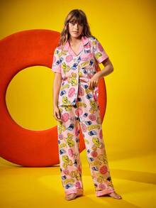 Chillnights X LOONEY TUNES Conjunto de pijama feminino com estampa de desenho animado, blusa de manga curta e calça, pijama de verão, conjunto de pijama feminino com desenho animado, conjunto de pijama rosa, pijama Tweety Bird, conjunto de roupa de dormir feminino