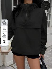 SHEIN EZwear 黑色连帽风衣夹克，落肩半透明梭织面料，四分之一拉链套头衫，女式连帽衫，秋季 - 黑色 - 查看 3