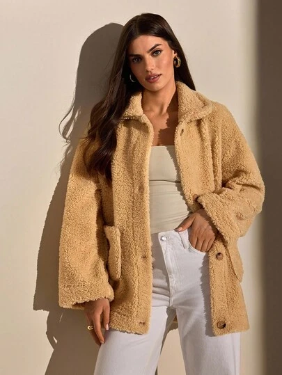 CLARA VERO Women's Teddy Fleece Jacket With Snap Button Closure And Front Pockets, Cozy And Soft Outerwear