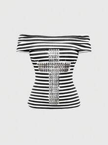 ROMWE EDITION Punk Sexy Y2K Striped Rivet Cross Women's Slim Fit T-Shirt