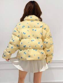 Sweetina 女式超大芥末黄碎花高领休闲宽松长袖棉质夹克，秋冬 - 彩色 - 查看 2