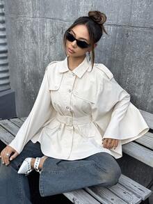 SHEIN ICON Women's Hooded Cape, Cute & Versatile Long Sleeve Windbreaker In Fall/Winter - Khaki - View 2