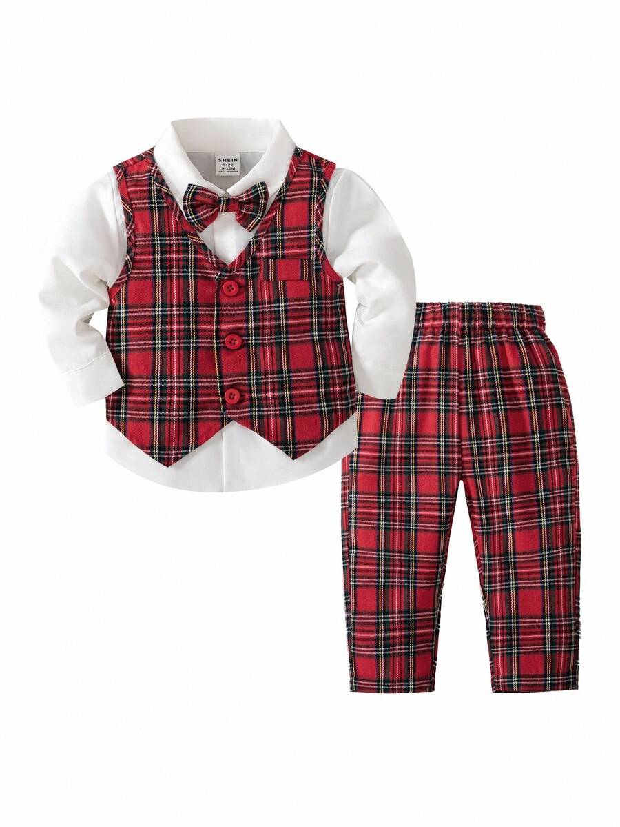 SHEIN 3pcs Baby Boy Gentleman Outfit Set,Red And White Plaid Pants,Bowknot Vest,Elegant Wedding Suit For Summer Birthday Party,Christening,Formal Occasions - Red - View 1