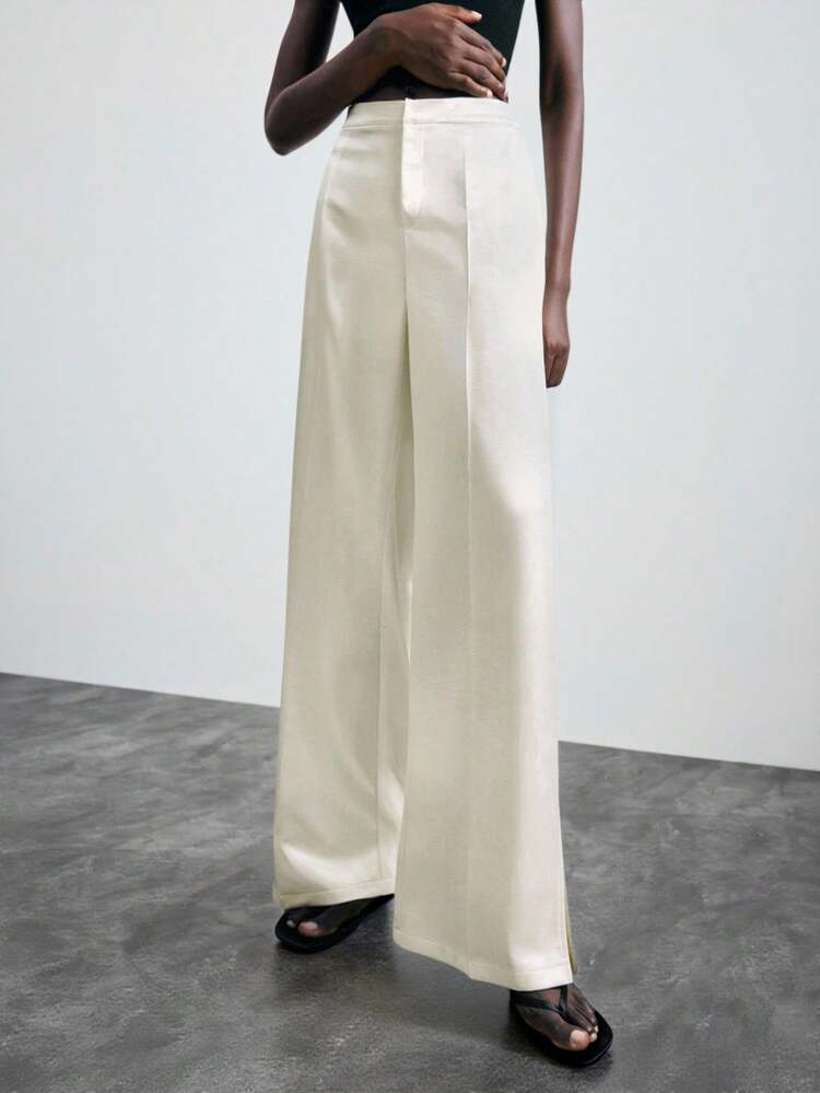 SHEIN Maija 2025 Damenmode Pendler Satin Solid Wide Leg Pants Herbstkleidung für Frauen Winterkleidung für Frauen Halloween Business Casual Frau Arbeit Blusen für Frauen Business Casual Frauen Wide Leg