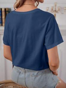 SHEIN Cottnline Cotton Heart & Letter Pattern Drop Shoulder Tee , Summer Vacation Top - Royal Blue - View 5