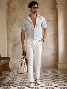 Manfinity NXTstreet Men's Casual Woven Tapered Slim Fit Ankle Pants, Old Money - White - View 5