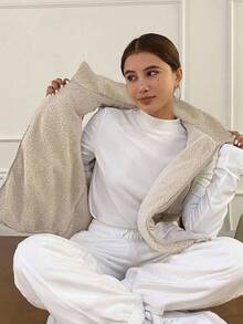 DAZY 女士纯色拉链前开襟休闲保暖背心，冬季女式外套 - 米色 - 查看 1