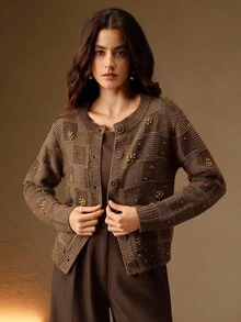 Anewsta 方格提花串珠针织开衫，适合秋季、冬季、春季、新年、派对、婚礼等场合，优雅别致，时尚有型，也适合圣诞节、商务休闲等场合，女士皆宜。 - 卡其色 - 查看 4