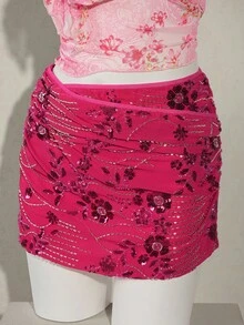 Sweetina Váy ngắn bodycon xếp nếp thêu kim sa cho nữ - Màu Hồng Tươi - Xem 5