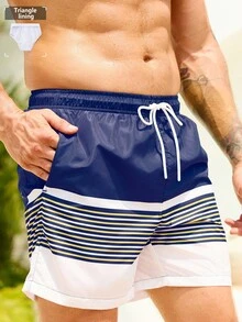 Manfinity Swimmode Men's Striped Drawstring Waist Pocket Beach Shorts - Blue - View 3