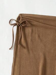 Swim Basics Summer Beach Solid Color V-Neck Halter Bra & Swim Bottom & Beach Cover Up Skirt Bikini Set Bathing Suit - Coffee Brown - View 5