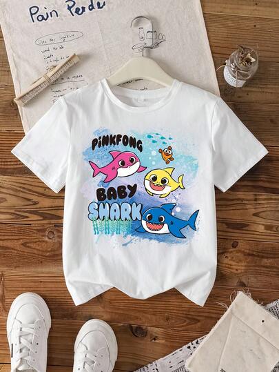 BABY SHARK X SHEIN Tween Girls' Casual Vacation Cute Cartoon Shark & Letter Print Short Sleeve White T-Shirt