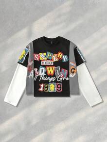 ROMWE MEN Street Life Men's Patchwork Contrast Color Print 2 In 1 T-Shirt, For Fall - Black - View 1