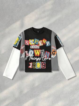 Street Life Herren Patchwork Kontrast Farbdruck 2 in 1 T-Shirt, für den Herbst