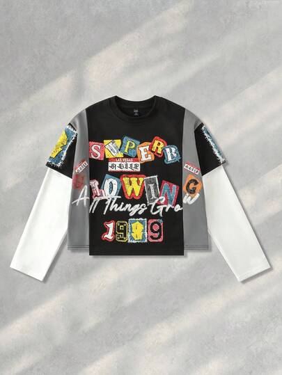 Street Life Maglietta da uomo a 2 in 1 con stampa a colori contrastanti e patchwork, adatta per l'autunno