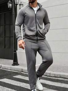 Manfinity Homme Men Fashion Casual Sweatsuit Set, Knitted Crochet Fabric, Raglan Sleeve, Fashionable INS Casual Sweatshirt & Pants Set, Outfits Husband And Boyfriend Gifts For Friends, Suitable For Casual, Home, Commuting, Fall Clothes