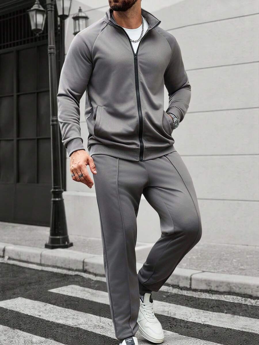 Manfinity Homme Men Fashion Casual Sweatsuit Set, Knitted Crochet Fabric, Raglan Sleeve, Fashionable INS Casual Sweatshirt & Pants Set, Outfits Husband And Boyfriend Gifts For Friends, Suitable For Casual, Home, Commuting, Fall Clothes