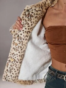 TRNVIE 1pc Brown Fuzzy Leopard Print Lapel Collar Relaxed Fit Lined Jacket, Suitable For Office, Commuting, Casual Wear In Autumn/Winter